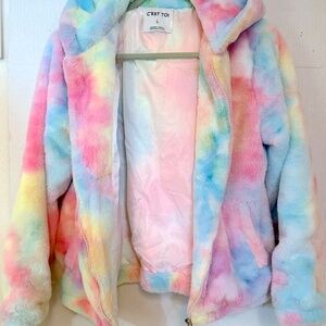 NWOT! CEST TOI Faux Fur Rainbow Watercolor Bomber Jacket